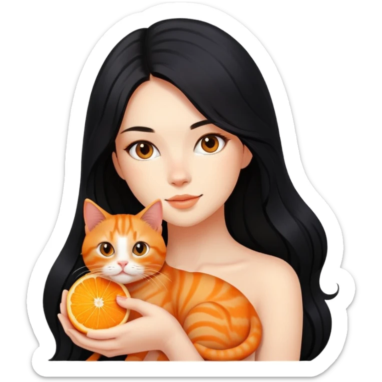 beautiful girl with long flowing black hair holding an orange ginger cat sticker
