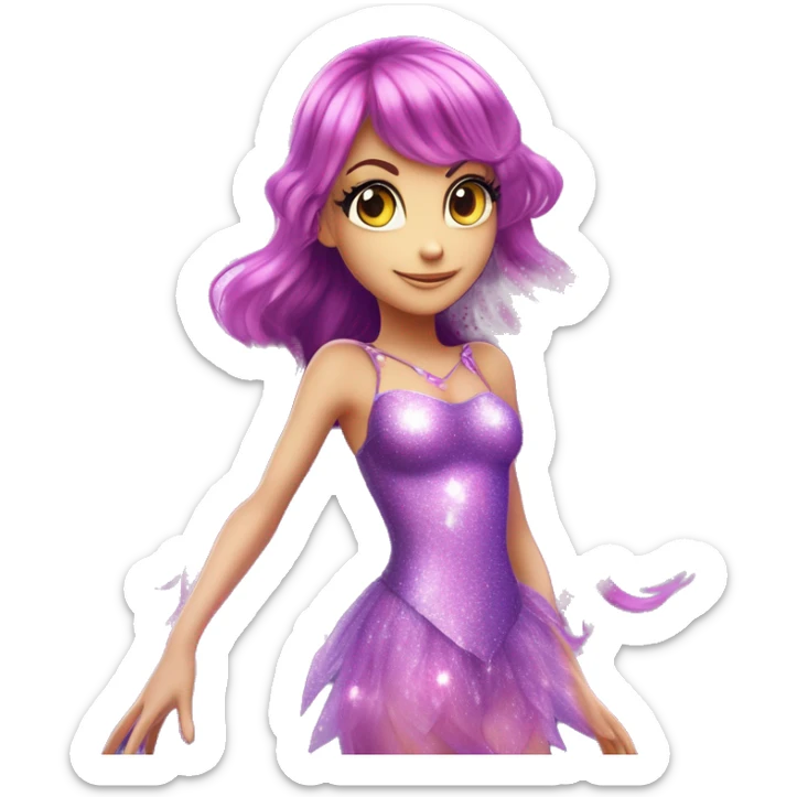 Tecna adult fairy of technology her enchantix fairy purple sparkling two-piece clothing and fairy enchantix wings and long dark pink hair in from winx club. Lots of sparkles and fairydust. Full body pic and full fairy bliss sticker