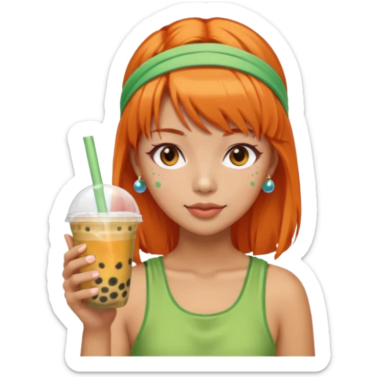 Create an emoji of a woman with orange hair, bangs, and a green headband, holding a cup of bubble tea. sticker