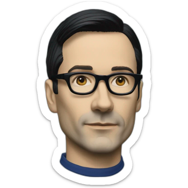 photo realistic Ralf Hutter from Kraftwerk, short straight black hair, black glasses, Dark Blue T-shirt, lean, left view sticker