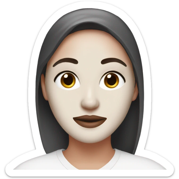 white woman with dark hear wearing a skincare facemask (sheet mask) that's almost white with a pink undertone sticker