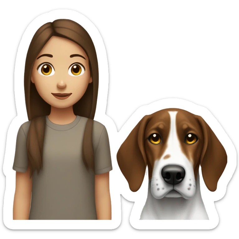 Girl with brown hair and a treeing walker coonhound who is black and white with little brown sticker