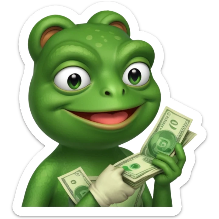 Pepe the frog sniffing a wad of money in his hand and smiling sticker