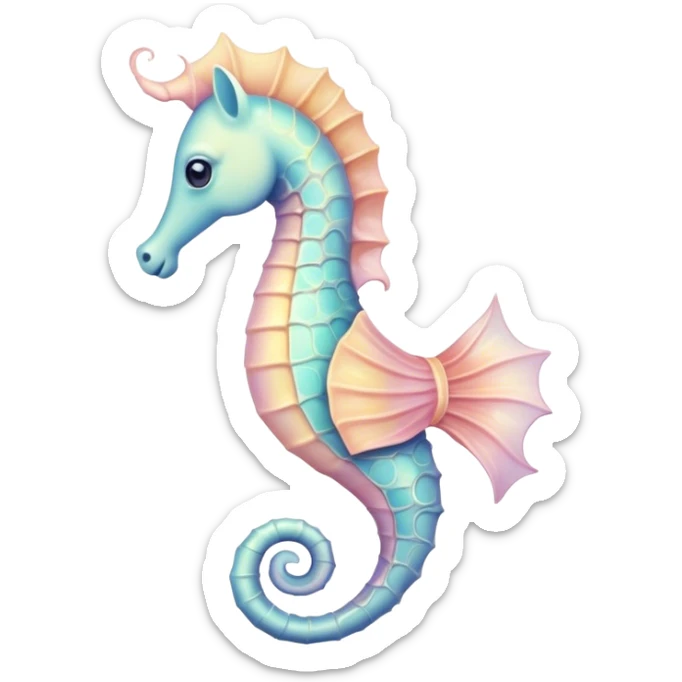 Cinematic Noble Sea Horse Portrait Emoji, Poised and enchanting, with a delicate, slender body in soft pastel hues, a gracefully curled tail and large, expressive eyes radiating gentle wonder, Simplified yet charmingly cute features, highly detailed, glowing with a soft, magical aquatic luminescence, high shine, intelligent and endearing, stylized with an air of whimsical marine grace, focused and poised, soft glowing outline, capturing the essence of a watchful and confident seahorse that appears ready to drift out of the screen with delightful charm! sticker