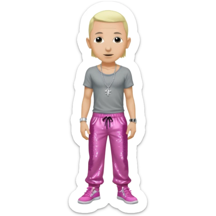 Chester Bennington with blonde hair, dark pink sequin baggy pants, shirtless with necklace  sticker