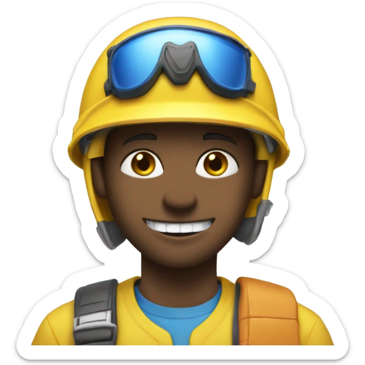 Boy with buck teeth, a blue helmet, blue eyes, a pencil in his nose, and a yellow shirt that say Jeffy sticker