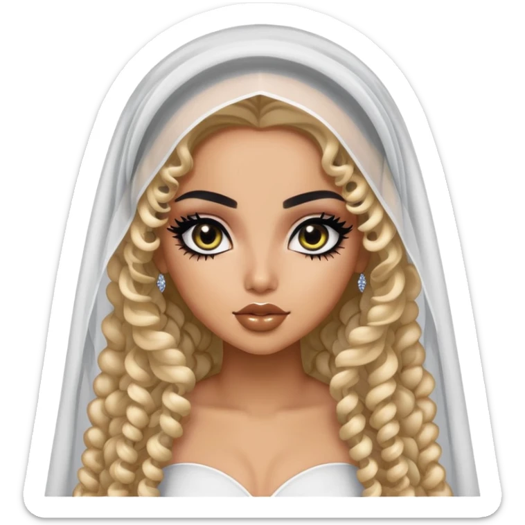 Saudi beauty, pretty bratz baddie, black eyeliner, long curly hair, veil, khaliji fashion, light skin sticker