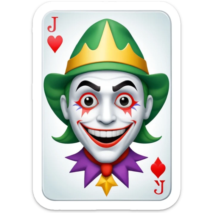 1 poker card, perfectly squared card, with crazy colorful human jolly joker inside, star symbol with a "J" sticker