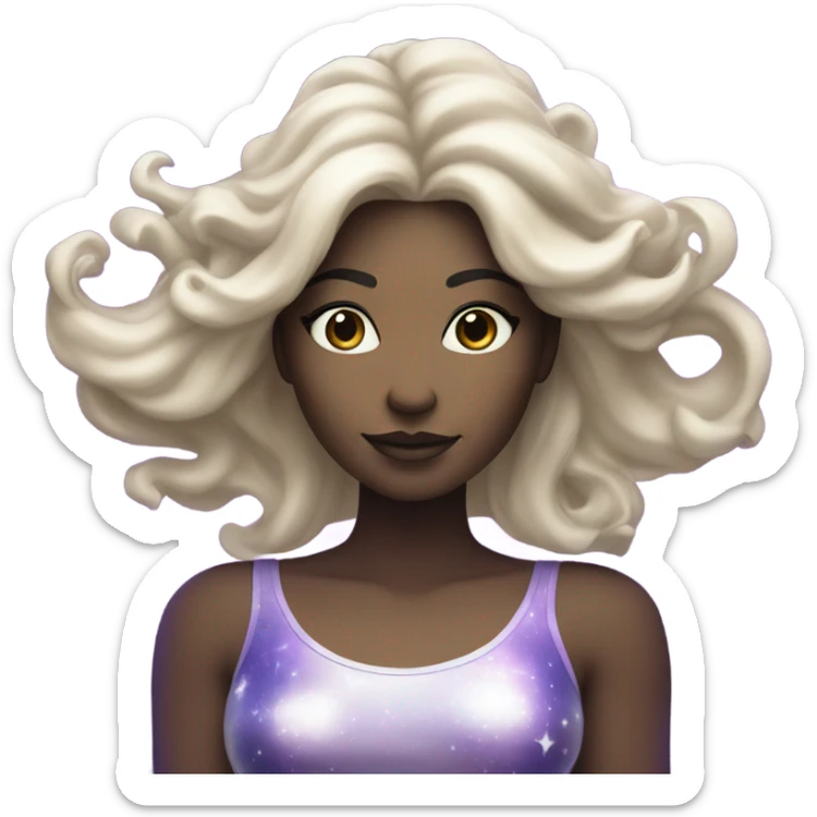 white woman with mystical sparkling galaxy hair with moon and stars in purple and blue shades sticker