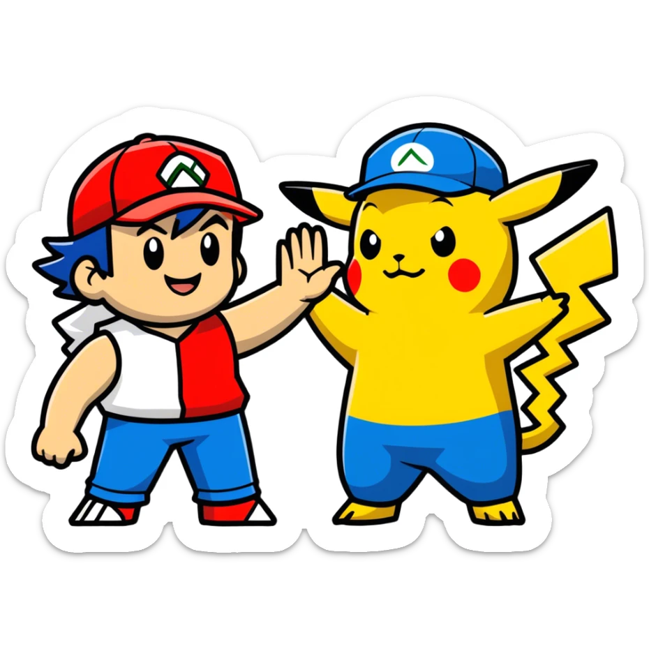 Hot handsomeb muscular 6ft tall smiling happy fun Ash Ketchum giving Pikachu a high five sticker