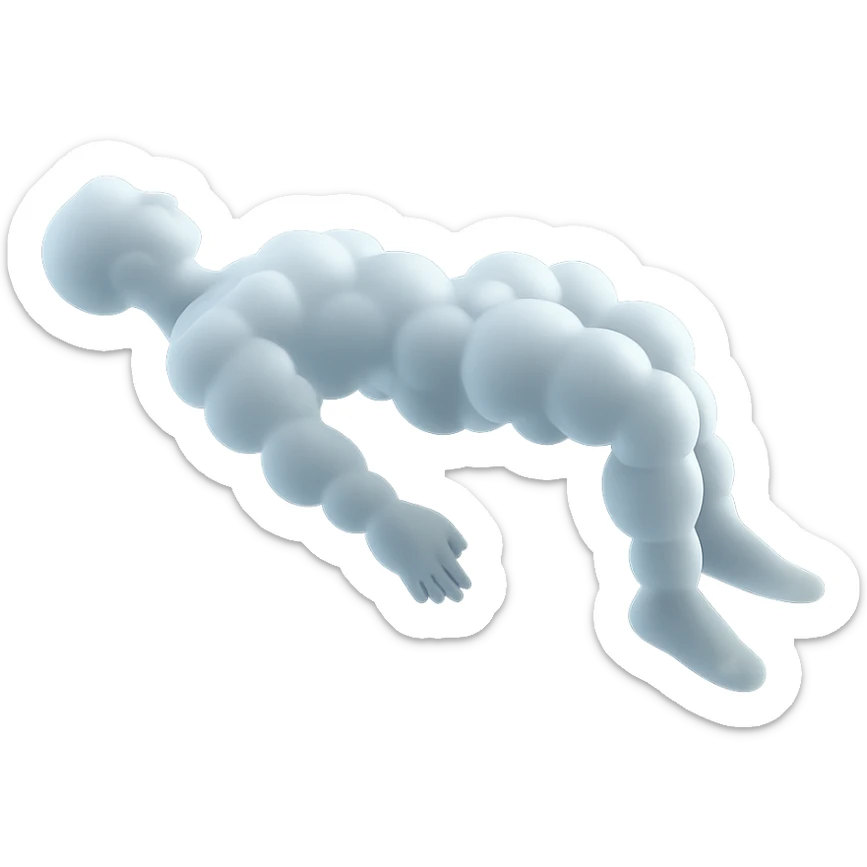 side view of unconscious person flying torso up, legs and arms down, made of small very bright white fluffy convex clouds, matte glass style sticker