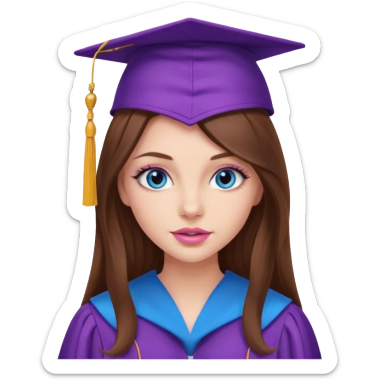 girl with gorgeous long brown hair, blue eyes, long lashes makeup, sexy pink lips, wearing a purple graduation cap and gown sticker