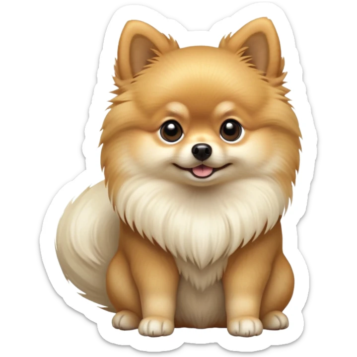 cinematic-[pomeranian]-realistic-full-body-sitting-emoji,-tail-resting-loosely-beside-its-paws,-head-tilted-dramatically, -fluffy-[light cream]-fur,-simplified-yet-realistic-focused-features,-highly-detailed,-glowing-with-an-almost-sarcastic-glow sticker