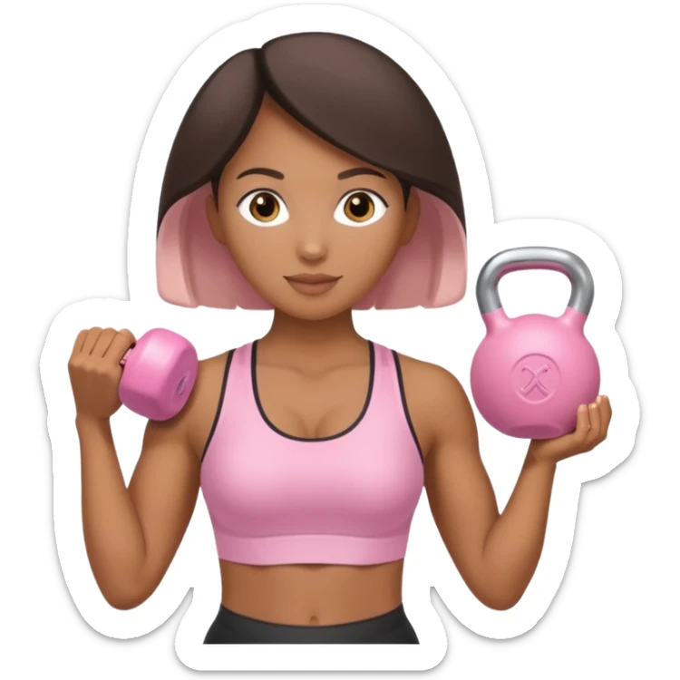 Mixed-race athletic woman with bronzed caramel skin, pastel pink kettlebell in hand, soft pastel background sticker