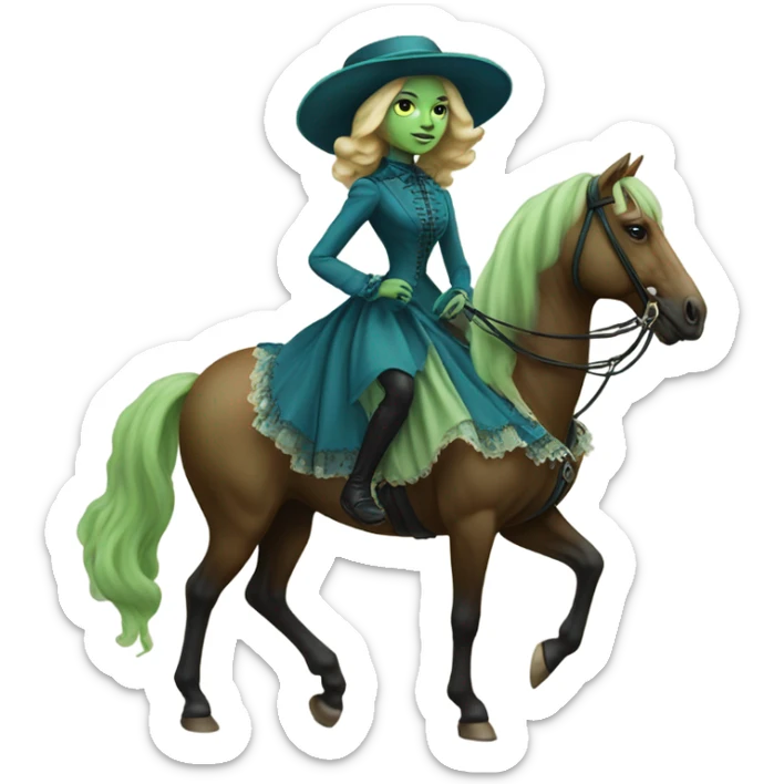 "galora green blonde alien woman" in blue Victorian dress elegant, full body, on brown horse sticker