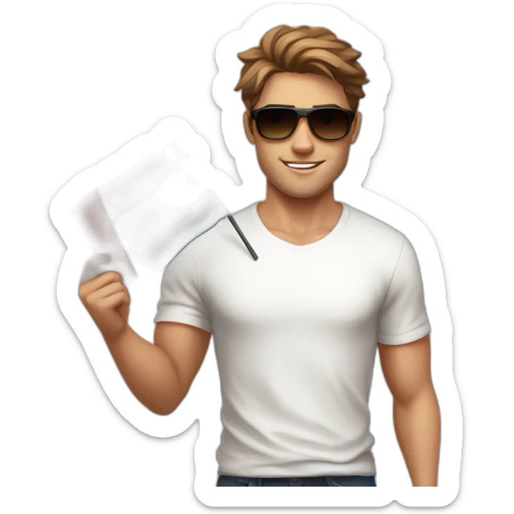A young fit man with a white shirt and sunglasses on his hair with brown hair and a French flag in his hand sticker