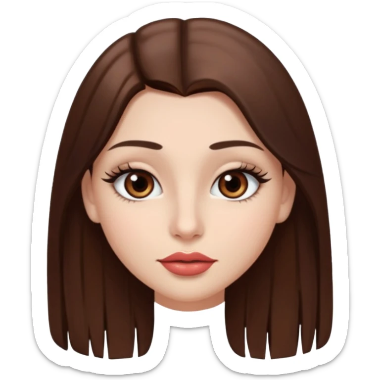 Una chica con piel muy clarita con pleo liso largo de color castaño y unos ojos marrones oscuro y labios grandes y nariz bonita y con unas pestañas sticker