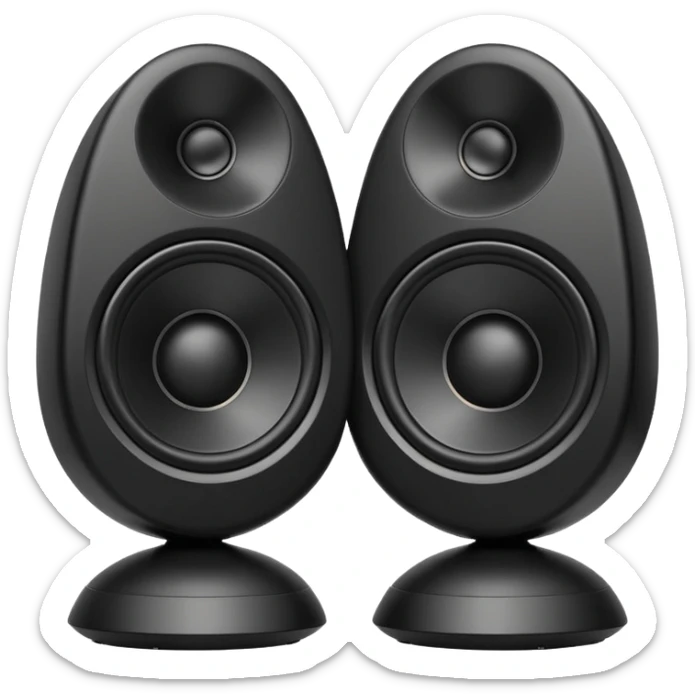 pair of big speakers emoji, deep matte black metal body, circular speaker cones with subtle depth, smooth rounded edges, minimalistic futuristic 3D style, luxury aesthetic sticker