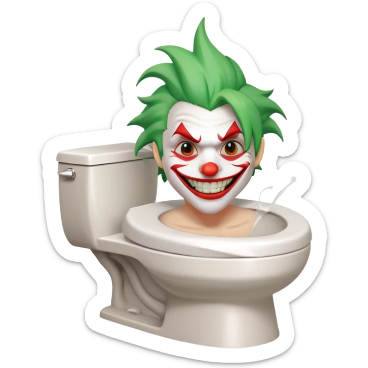 Joker character on toilet laughing hysterically, green hair, white face, red smile sticker