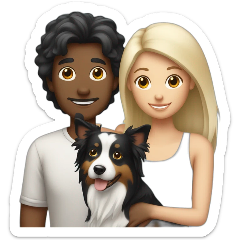 Family formed by a White man with a border collie black and with and a White woman with long black hair and a small yorkshire terrier dog sticker