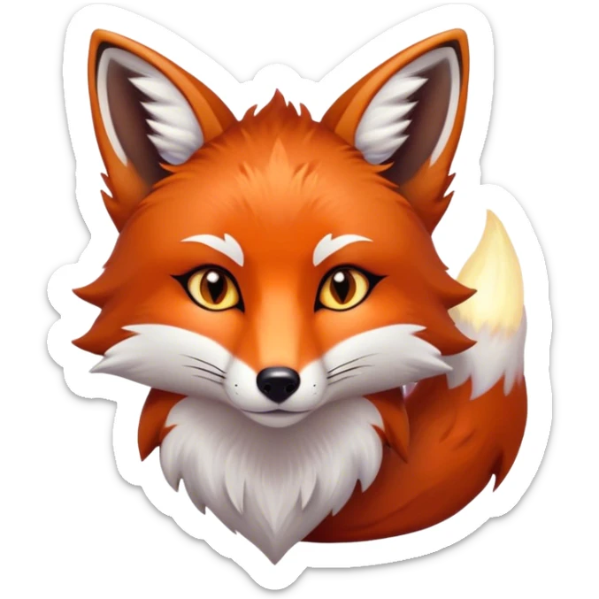 Cinematic Noble Fox Portrait Emoji, Poised and regal, with a lithe, agile build and a lush, fiery red Fur accented by white markings on the chest and tip of the tail, deep-set soulful amber eyes, Simplified yet sharp and sophisticated features, highly detailed, glowing with a warm, dignified glow, high shine, intelligent and cunning, stylized with an air of wild elegance, focused and attentive, soft glowing outline, capturing the essence of a watchful and confident forest wanderer, so majestic it feels as though it could dash out of the screen with effortless authority! sticker