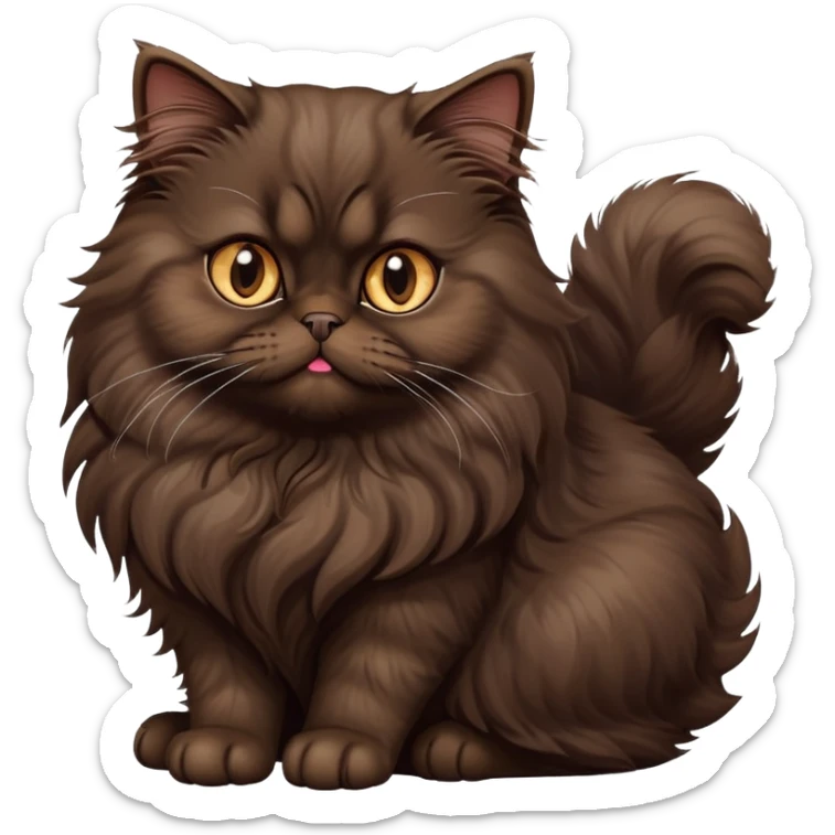 cinematic-[dark brown persian cat]-realistic-full-body-sitting-emoji,-tail-curled-playfully-around-its-paws,-head-tilted-dramatically,-fluffy-[dark brown]-fur,-simplified-yet-realistic-focused-features,-highly-detailed,-glowing-with-an-almost-sarcastic-glow sticker