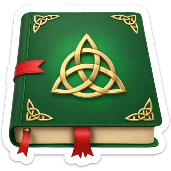 a green closed book with a golden triquetra on it with a red ribbon between the paged sticker