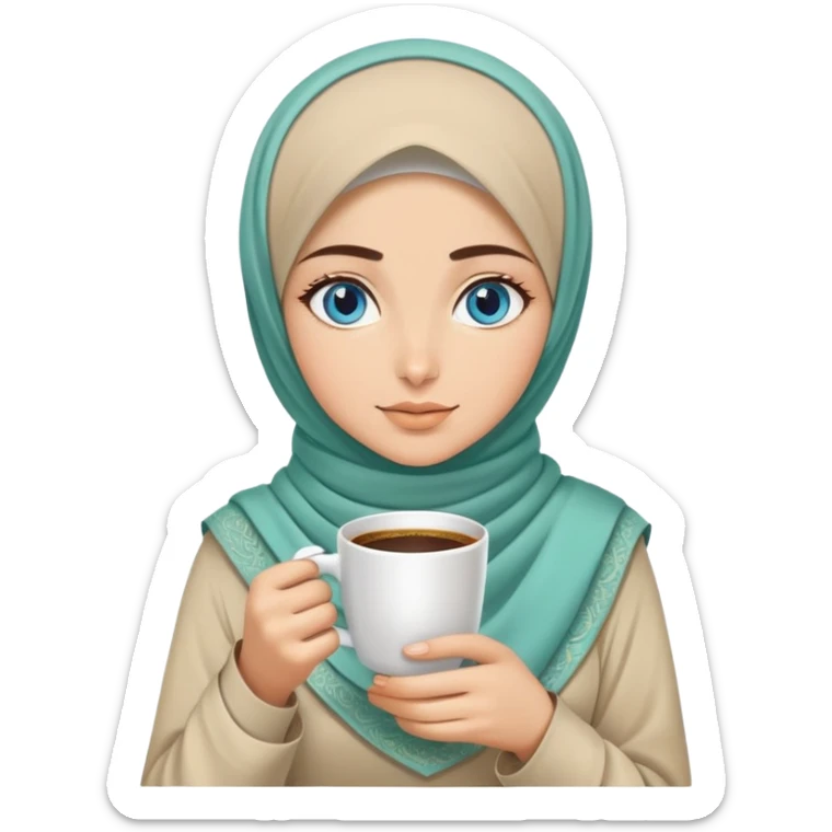 Turkish beautiful finish Konya two girls blue eyes with beige and light green hijab islamic dress and had on her hand hot coffee   sticker