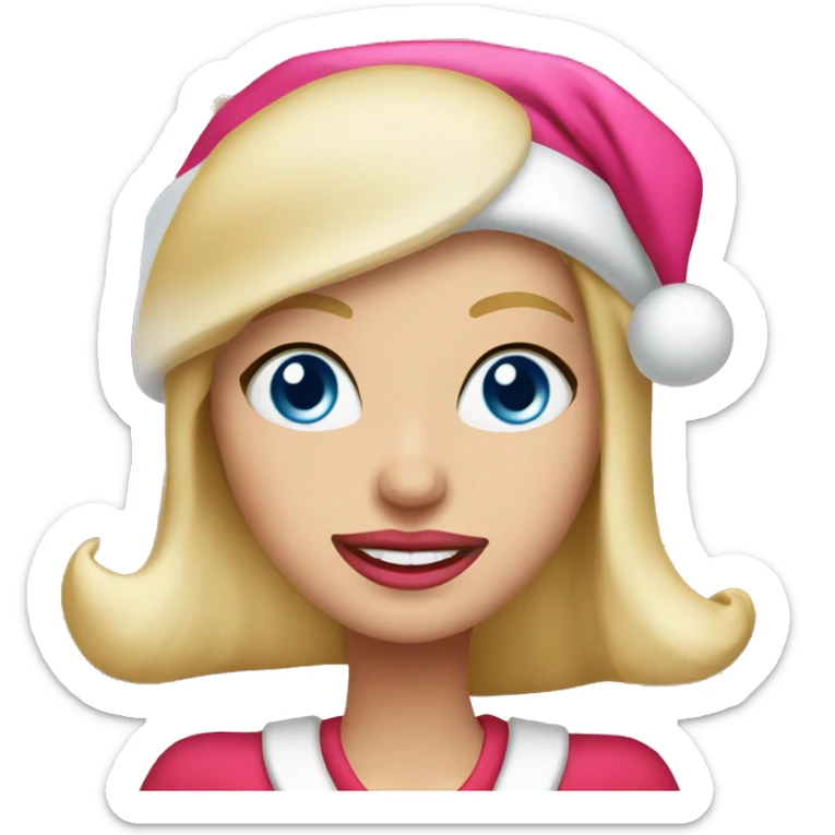 Beautiful blonde blue eyed woman, pink lips, wearing santa hat, wearing red top sticker