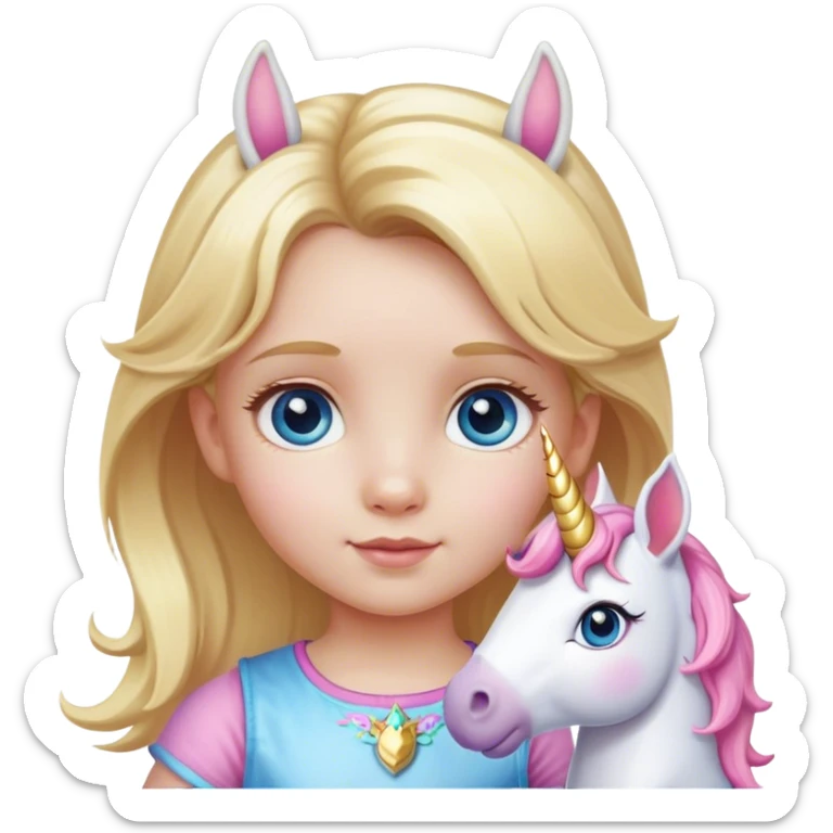 Little girl blonde and blue eyes, with a unicorn toy sticker