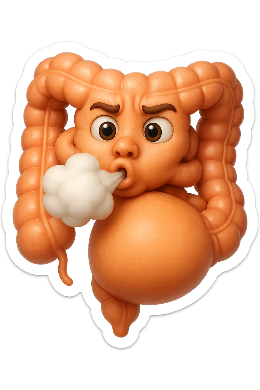 emoji stile iphone di un intestino che ingoia una nuvoletta di aria ben visibile e gli si gonfia la pancia, non fargli il naso, iperrealistico 4k sticker