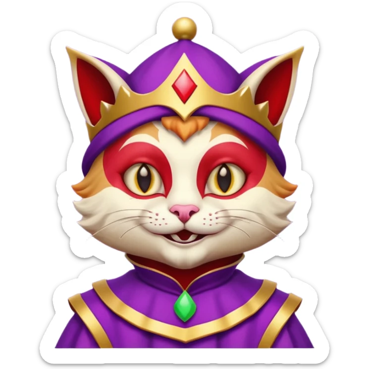 crazy colorful cute little cat jolly joker from poker, medieval, vintage, court jester, mac os icon, purple, gold and red color, half body sticker