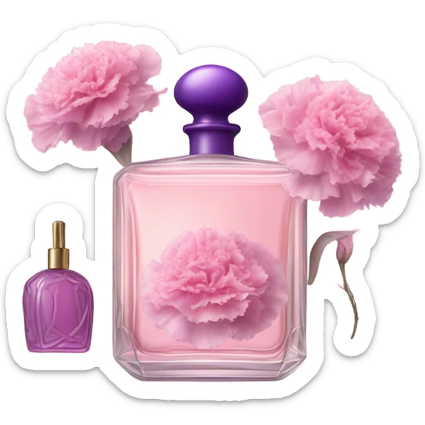 Aesthetic still life of delicate pink carnations beside a vintage purple perfume bottle. sticker