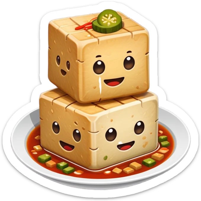 Stinky Tofu with sauce and pickles, simplified emoji style with bold outlines and bright colors, cartoon style dark fermented Chinese street food with steam sticker