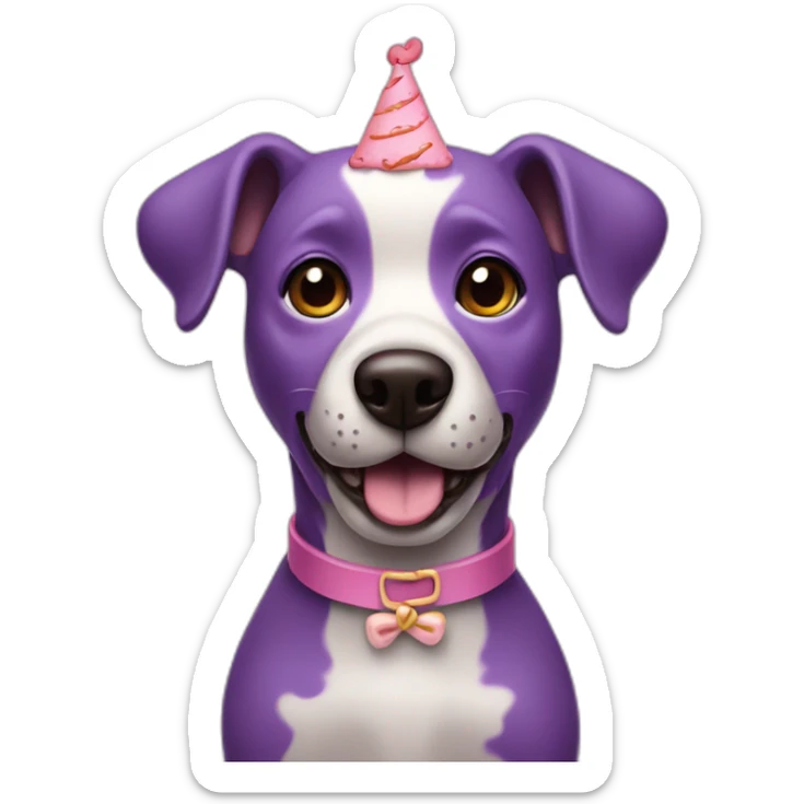 a purple dog with a brown nose and a pink collar with a bone eat cake sticker