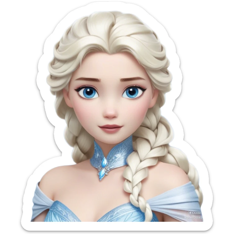 Cinematic Realistic Elsa Portrait, depicted with lifelike skin texture, soft natural lighting, and intricately detailed platinum blonde hair styled elegantly. Her striking, expressive blue eyes exude confidence and grace, complemented by a serene and regal expression. She is dressed in her signature icy attire, with shimmering fabric textures and delicate folds that catch the light beautifully. The portrait features a soft, enchanting glow with a cool, radiant finish, capturing the essence of timeless elegance in a realistic and painterly style, evoking a sense of depth and authenticity. sticker