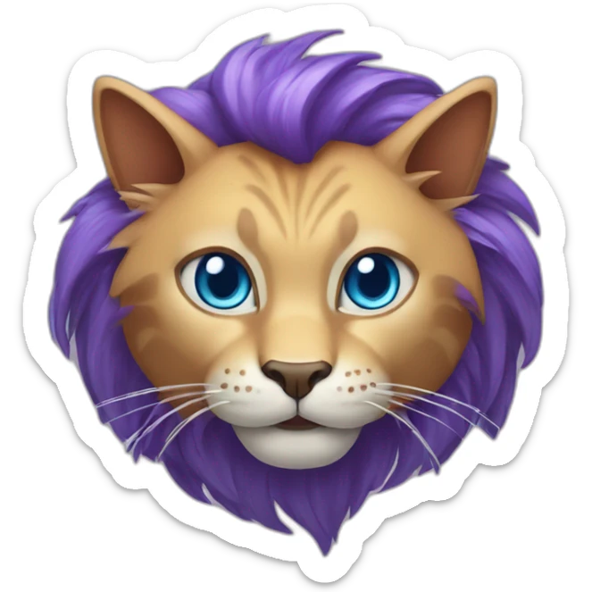 Purple cat with big blue eyes, lion mouth and shark phinn on the head sticker