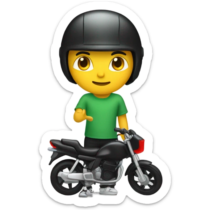 Boy with converse and green shirt, black pants, and black motorbike helmet with red visor with motorcycle outdoors sticker