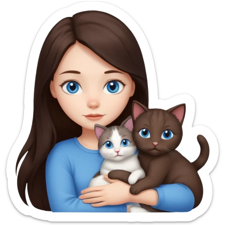 a pretty girl with long dark 
brown hair, with blue eyes, hugs 3 different natural coloured small cats sticker