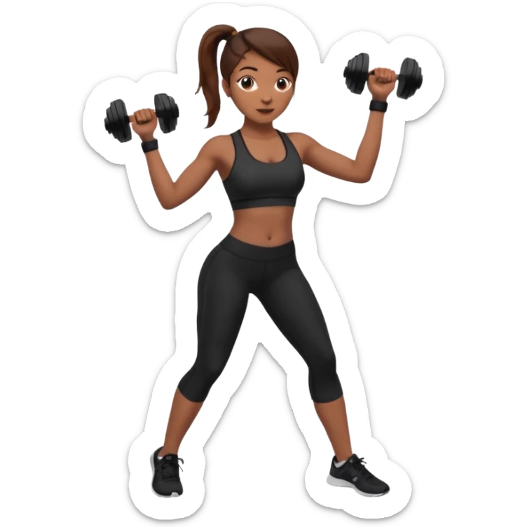beautiful girl with brown hairs in sport wear in her hands is dumbbells sticker
