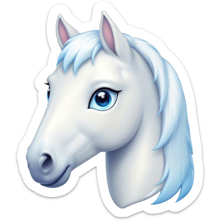 Cinematic Cute White Horse Portrait Emoji, Head tilted playfully and inquisitively, showcasing a glossy white fur with a luminous sheen and gentle, expressive blue eyes, Simplified yet irresistibly adorable features, highly detailed, glowing with a warm, friendly glow, high shine, affectionate and spirited, stylized with a touch of whimsy, bright and endearing, soft glowing outline, capturing the essence of a mischievous yet loving horse, so playful it feels like it could prance out of the screen and into your arms! sticker