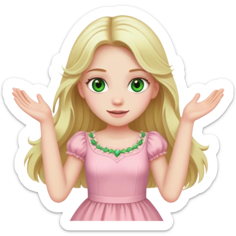 blonde girl with long hair, swamp green eyes, pink pastel dress, celebrating sticker