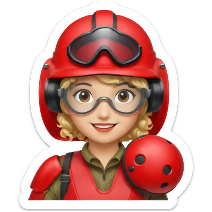 blond curly girl playing paintball with red paintball helmet with eye protection, only face sticker