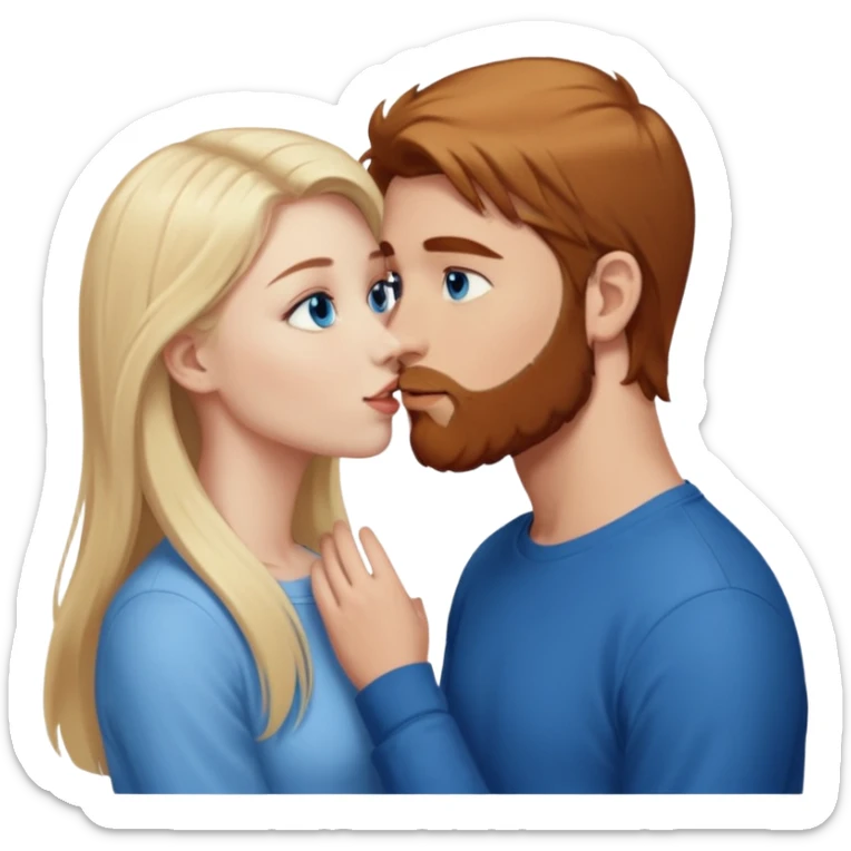 Long-pale-blonde hair, beautiful girl with blue eyes facing, kissing reddish-brown hair-beard boy blue eyed white guy sticker