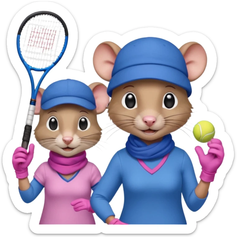 Male and female rat playing tennis in winter with gloves hats and scarves but on wearing blue the other wearing pink sticker