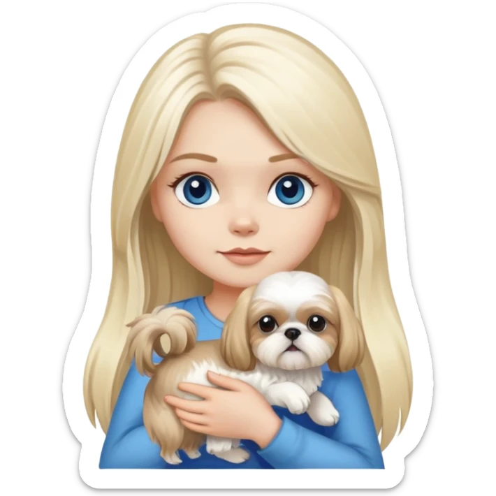 White blond girl with long hair and blue eyes holding a small female shih tzu dog sticker