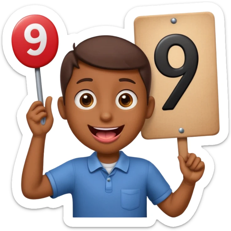 A school that has the number 9 on top of it's eyes holding a sign with the number 9 on the sign with a mouth sticking out his tongue with legs and arms with him being happy full of joy sticker