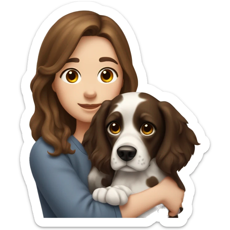 Girl with brown hair hugs a dog Russian hunting spaniel dog with black ears and nose and white muzzle and black big spots on the back sticker