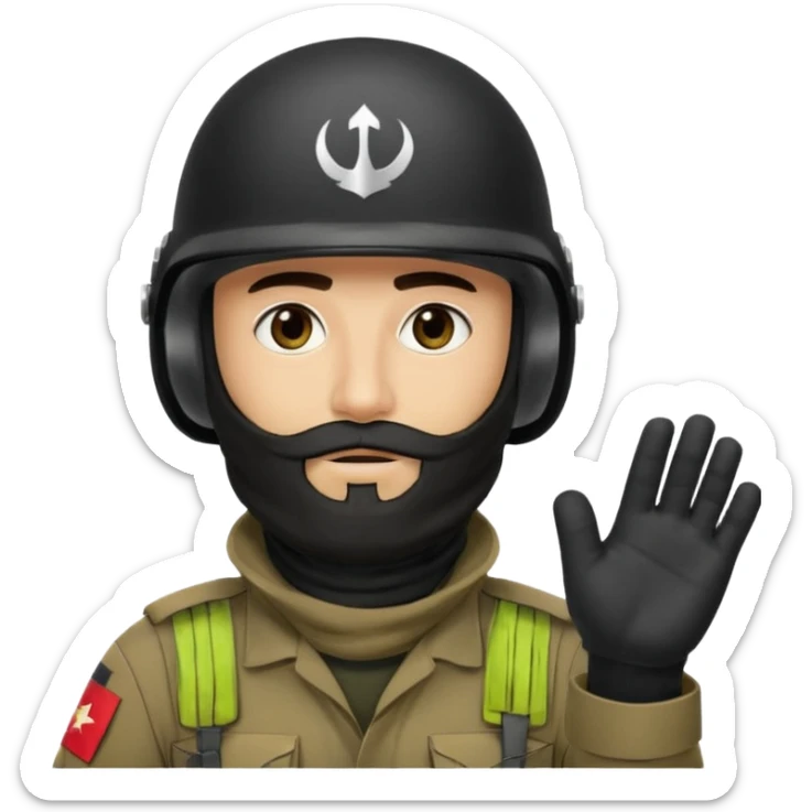 
surrenders, depicts an Iraqi soldier from 1980, with a beard, in a helmet, there are no signs on the helmet, with a balaclava, with sad eyes and raised hands sticker
