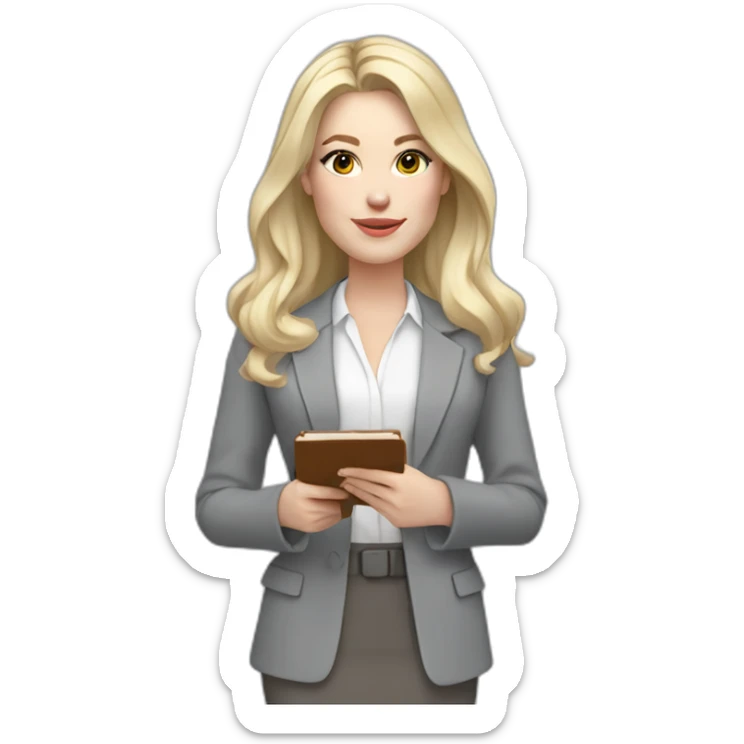 pale skin woman interior designer with cold blonde straight middle length hair, White blouse, Gray oversize jacket, Gray skirt holding a color palette in the hands sticker